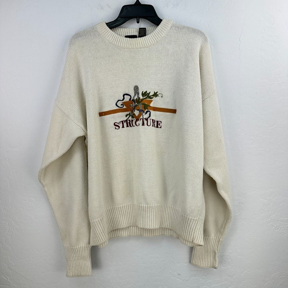 Vintage Structure Sweater Mens‎ Large Cream Dolman Sleeve Crew Neck Minimalist